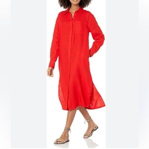 Women's Red Midi Shirt Dress - Lightweight Button-Front